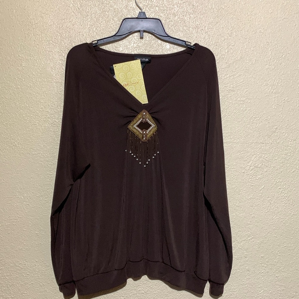 ChitChat Top L Chocolate Brown NWT Stretchy Pull Over Beaded Polyester Spandex